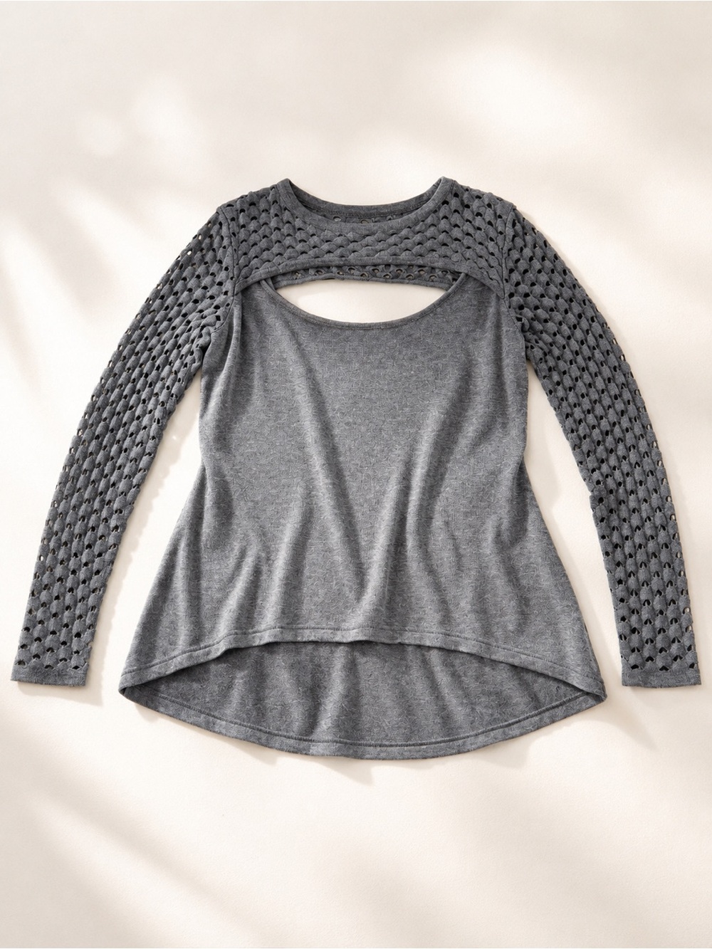 Allison Joy Gray Open-Cut Knit Sleeve Long-Sleeve Top